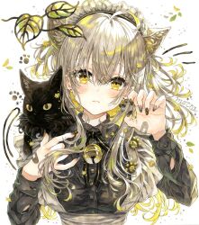 1girl ahoge animal animal_ear_fluff animal_ears apron bandaid bell black_cat black_nails black_ribbon black_shirt blonde_hair blush buttons cat cat_ears cat_girl closed_mouth collared_dress commission dress earrings fingernails grey_hair hair_between_eyes hands_up highres jewelry jingle_bell long_hair long_sleeves looking_at_viewer maid maid_headdress moco_mcom multicolored_hair nail_polish neck_ribbon original paw_print ribbon shirt simple_background solo upper_body white_background yellow_eyes