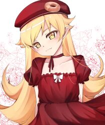 1girl alternate_costume arms_behind_back blonde_hair blush child closed_mouth collarbone dot_nose dress eyelashes fang female_focus flat_chest hat long_hair looking_at_viewer matching_hair/eyes meemz_a monogatari_(series) oshino_shinobu pointy_ears red_background red_dress red_hat short_sleeves simple_background solo two-tone_background upper_body vampire white_background yellow_eyes
