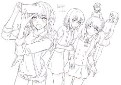 Rule 34 | 5girls, blush, bullfalk, buttons, cardigan, cellphone, character request, closed eyes, collared jacket, commentary request, copyright request, double-breasted, greyscale, hair between eyes, half updo, holding, holding phone, jacket, long sleeves, looking at another, medium hair, miniskirt, monochrome, multiple girls, neck ribbon, open cardigan, open clothes, open jacket, open mouth, phone, ribbon, selfie, short hair, short shorts, shorts, sidelocks, simple background, skirt, smartphone, spot color, standing, sweatdrop, sweater, twintails, white background