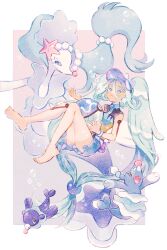 1girl ball barefoot beachball beads blush border brionne bubble commentary_request evolutionary_line eyelashes feet gen_7_pokemon hair_beads hair_between_eyes hair_ornament hatsune_miku holding long_hair nintendo parted_lips pokemon pokemon_(creature) popplio primarina project_voltage ryokuno_green sparkle toes twintails very_long_hair visor_cap vocaloid water_miku_(project_voltage) white_border wristband zipper_pull_tab