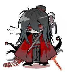 Rule 34 | 1boy, bags under eyes, bamboo slips, black hair, black hanfu, black shoes, bone, ch189615, chibi, chibi only, chinese clothes, chinese commentary, closed mouth, coat, coin, coin sword, creature, dao gui yi xian, eyeball, full body, hair between eyes, hair bun, hanfu, highres, holding, holding scroll, holding sword, holding weapon, holed coin, li huowang, li sui (tentacles), long hair, long sleeves, looking at viewer, male focus, ofuda, red coat, red eyes, robe, scroll, shaded face, shoes, shoulder belt, shout lines, simple background, single hair bun, skull, sleeves past fingers, sleeves past wrists, solo, spine, spine sword, standing, sword, sword on back, sword tassel, talisman, tentacles, very long sleeves, weapon, weapon on back, white background