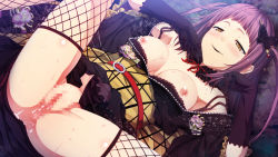 Rule 34 | 1girl, blunt bangs, blush, breasts, butterfly hair ornament, censored, cum, cum in pussy, cura, female focus, fishnet legwear, fishnets, flat (company), game cg, gloves, hair ornament, hairpin, highres, japanese clothes, kimono, kimono pull, large breasts, monobeno, mosaic censoring, nipple slip, nipples, purple hair, smile, solo, spread legs, sweat, takijorou, undressing, yellow eyes