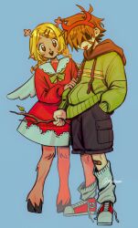 1girl 1other absurdres aged_down antlers bandaid bandaid_on_leg black_hoodie black_shorts blonde_hair blue_background braid brown_eyes brown_hair clover_hair_ornament commentary converse deer_antlers deer_girl deltarune double_horizontal_stripe dress english_commentary full_body furry furry_female green_sweater hair_ornament hair_over_eyes heart heart_hair_ornament highres holding holding_stick hood hoodie hooves horns kris_(deltarune) leg_warmers long_sleeves muusumi noelle_holiday red_dress red_shoes shoes short_hair shorts signature stick sweater tongue tongue_out twin_braids untied_shoelaces utdr_(toby_fox) white_leg_warmers white_wings wings
