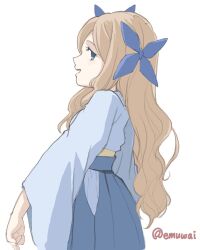 1girl asakaze_(kancolle) blue_bow blue_eyes blue_hakama blue_kimono bow brown_hair emuwai hair_bow hakama japanese_clothes kantai_collection kimono long_hair looking_at_viewer meiji_schoolgirl_uniform one-hour_drawing_challenge open_mouth profile sideways_glance simple_background solo twitter_username wavy_hair white_background