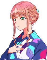 Rule 34 | 1girl, braid, breasts, brown hair, closed mouth, green eyes, gridman universe, hair ornament, hand on own chest, japanese clothes, kimono, long hair, minami yume, risyo, simple background, solo, ssss.dynazenon, upper body, white background, yukata