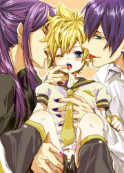 3boys age_difference kagamine_len kaito_(vocaloid) kamui_gakupo licking male_focus molestation multiple_boys saliva shota vocaloid yaoi
