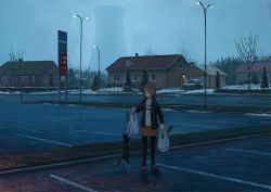 1girl animal bag black_coat black_pantyhose black_shirt brown_eyes brown_hair brown_skirt building car cat coat commentary_request evening female_focus fence gas_station grocery_bag hair_ornament hairclip highres holding holding_bag lamppost long_sleeves matching_hair/eyes motor_vehicle nuclear_reactor original outdoors pantyhose parking_lot plastic_bag road scenery shion_(mirudakemann) shirt shoes shopping_bag short_hair skirt smile sneakers snow solo spring_onion standing street striped_clothes striped_shirt tree white_shirt winter