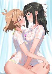 2girls absurdres after_kiss bikini black_hair blush bow breasts brown_hair from_side green_eyes hair_bow hair_ornament hairclip highres hug kenja_panda kohinata_miku large_breasts looking_at_another medium_hair multiple_girls purple_bikini saliva saliva_trail see-through_clothes see-through_shirt senki_zesshou_symphogear shirt short_hair small_breasts swimsuit swimsuit_under_clothes tachibana_hibiki_(symphogear) thighs wet wet_clothes wet_shirt white_bow white_shirt yellow_bikini yellow_eyes yuri