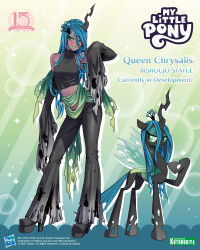 aqua_hair black_skin character_name colored_eyelashes colored_skin commentary company_name copyright_notice creature_and_personification crop_top dark-skinned_female dark_skin detached_sleeves dual_persona english_commentary eyelashes eyeshadow green_eyes green_eyeshadow green_lips highres hole_on_body horns insect_wings kotobukiya_bishoujo long_hair makeup my_little_pony my_little_pony:_friendship_is_magic official_art pants personification platform_heels queen_chrysalis sash single_horn smile torn_clothes torn_pants torn_sleeves waist_sash winged_unicorn wings yamashita_shun&#039;ya
