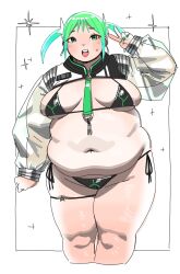 Rule 34 | 1girl, alien, belly, between breasts, bikini, black bikini, breasts, breasts apart, cameltoe, earrings, fat, fat woman, green eyes, green hair, green nails, hair ornament, jacket, jewelry, large breasts, navel, open mouth, original, shrug (clothing), side-tie bikini bottom, smile, solo, sparkle, standing, sweat, swimsuit, thick thighs, thigh strap, thighs, twintails, utoka, v, white background