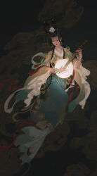 1girl black_hair chinese_clothes dunhuang_style flying hair_rings hanfu highres ibuki_satsuki instrument long_hair long_sleeves music original pipa_(instrument) playing_instrument solo wide_sleeves