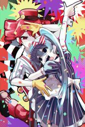 2girls alternate_costume apron arm_up black_choker black_shoes blue_dress blue_hair blue_nails bow choker collared_shirt colorful_background dress drill_hair false_smile feet_out_of_frame gloves grey_socks hair_between_eyes hashtag-only_commentary hat hat_bow hatsune_miku highres hug kasane_teto kepi ktori leg_lock leg_up looking_at_another looking_at_viewer mesmerizer_(vocaloid) military_hat multiple_girls open_mouth pants pinstripe_dress pinstripe_pattern red_bow red_eyes red_hair red_pants sharp_teeth shirt shoes short_sleeves sleeves_rolled_up smile smiley_hat_ornament socks standing standing_on_one_leg striped_clothes striped_shirt striped_socks suspenders sweat teeth tongue tongue_out twin_drills twintails two-tone_bow upper_teeth_only utau visor_cap vocaloid waist_apron white_apron white_bow wing_collar worried yellow_gloves