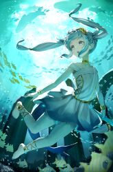 1girl absurdres air_bubble ancient_greek_clothes barefoot blue_eyes blue_hair bracelet braid bubble commentary dress english_commentary feet fins fish fish_tail floating_hair full_body gawr_gura gawr_gura_(party_dress) greco-roman_clothes grey_hair half_up_braid highres hololive hololive_english jewelry laurel_crown long_hair multicolored_hair off-shoulder_dress off_shoulder official_alternate_costume open_mouth shark_girl shark_tail short_dress skytofu solo streaked_hair tail twintails underwater virtual_graduation_commemoration virtual_youtuber white_dress