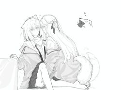 2girls animal_ears animalization barefoot between_legs blush braid cat_ears closed_mouth collared_shirt commentary dog_ears dog_girl greyscale half_up_braid hand_on_another&#039;s_thigh hashtag-only_commentary highres jacket kemonomimi_mode kneeling long_hair medium_hair miyagi_shiori monochrome multiple_girls open_clothes open_collar open_jacket pleated_skirt school_uniform sendai_hazuki shirt shuuniichido_classmate_wo_kau_hanashi skirt soles sora_owomiya yuri