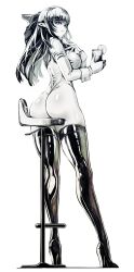 Rule 34 | 1girl, absurdres, ass, bar stool, blush, boots, breasts, closed mouth, commentary, commentary request, cup, cws1122uu, english commentary, food, from behind, fruit, gloves, greyscale, hand up, hatching (texture), high heel boots, high heels, highleg, highleg leotard, highres, holding, holding cup, large breasts, lemon, lemon slice, leotard, linear hatching, long hair, long pointy ears, long sleeves, looking at viewer, mixed-language commentary, monochrome, original, pointy ears, purple eyes, simple background, sleeved leotard, solo, spot color, standing, stool, thigh boots, thong leotard, wrist cuffs