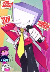 ... 1girl 1other 2boys ant_tenna black_hair black_pants blue_skin colored_sclera colored_skin crt deltarune frown gloves green-framed_eyewear hand_on_own_hip highres holding holding_microphone horns inset kris_(dark_world)_(deltarune) kris_(deltarune) medium_hair microphone multiple_boys object_head outline pants parted_lips pink_skin pointy_nose purple_hair ralsei rererenore_i shared_speech_bubble shirt short_hair smile speech_bubble spoken_ellipsis susie_(dark_world)_(deltarune) susie_(deltarune) tailcoat white_gloves white_outline white_shirt yellow_sclera