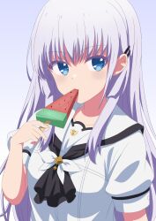 Rule 34 | 1girl, absurdres, ascot, black ascot, blue eyes, blush, commentary request, food, food in mouth, grey background, grey hair, hair between eyes, hair ornament, hairclip, hand up, highres, holding, holding food, holding popsicle, long hair, looking at viewer, naruse shiroha, parallel hairclips, popsicle, popsicle in mouth, puffy short sleeves, puffy sleeves, ringed eyes, sailor collar, school uniform, seihoku, serafuku, short sleeves, sidelocks, simple background, solo, summer pockets, summer pockets school uniform, upper body, very long hair, watermelon bar, white sailor collar