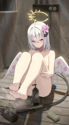 1girl absurdres azusa_(blue_archive) bare_shoulders barefoot blue_archive completely_nude convenient_censoring crossed_bangs flower hair_between_eyes hair_flower hair_ornament halo highres kitabana long_hair looking_at_viewer low_wings nude purple_eyes shampoo_bottle shower_head soap solo toes white_hair white_wings wings yellow_halo