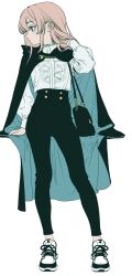 1girl bag black_cloak blonde_hair blue_eyes cloak expressionless flat_chest full_body handbag high-waist_pants highres kingrun long_hair original pants profile shoes sneakers solo