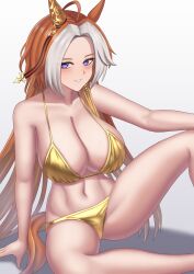 1girl absurdres ahoge animal_ears bakkasu150 bikini breasts cleavage ear_covers feet_out_of_frame gold_bikini gradient_background highres horse_ears horse_girl horse_tail large_breasts long_hair multicolored_hair orange_hair orfevre_(umamusume) purple_eyes school_uniform single_ear_cover sitting solo swimsuit tail umamusume white_background white_hair