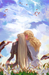 Rule 34 | 2boys, animal, bird, black shrug, blonde hair, closed eyes, cloud, coat, commentary, english commentary, flower, flying, from behind, grass, hair flower, hair ornament, highres, kiss, letsura1 (chocolate orange), long hair, long sleeves, louis (metaphor: refantazio), male focus, metaphor: refantazio, more (metaphor: refantazio), multiple boys, plant, shrug (clothing), sitting, sky, very long hair, wavy hair, white coat, white flower, yaoi