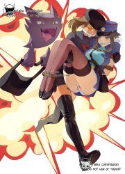 2girls ariekochan black_boots black_hat black_shirt black_skirt black_thighhighs blue_hat blue_shirt boots breasts carrying explosion full_body gagged gen_1_pokemon hat haunter highres large_breasts leaf_(pokemon) leaf_print may_(pokemon) multiple_girls nintendo panties pokemon pokemon_frlg pokemon_rse princess_carry shirt simple_background skirt team_rocket team_rocket_uniform thigh_boots thighhighs underwear white_background white_panties