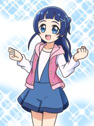 1girl :d aokaze_nana arched_bangs bare_legs blue_background blue_eyes blue_hair blue_skirt blush buttons clenched_hands cocotama_(series) collarbone commentary cosplay cowboy_shot dot_nose dress gradient_background hair_bun hair_ornament hands_up highres hood hood_down hooded_jacket hoshinogawa_haruka hoshinogawa_haruka_(cosplay) jacket karon-t kimi_to_idol_precure kirakira_happy_hirake!_cocotama legs_together long_hair long_sleeves looking_at_viewer open_clothes open_jacket open_mouth pink_jacket pleated_skirt precure short_dress single_hair_bun skirt sleeveless sleeveless_jacket smile solo sparkle sparkle_background standing takahashi_minami_(voice_actor) tareme teeth upper_teeth_only voice_actor_connection white_background white_dress x_hair_ornament