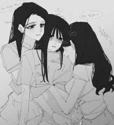 3girls absurdres blush clothes_lift commentary_request fff_threesome fingering flffy11 grabbing_another&#039;s_breast grey_hair groping group_sex hand_under_clothes hand_under_shirt heart highres korean_commentary korean_text long_hair multiple_girls original parted_lips reach-around shirt shirt_lift short_sleeves smile speech_bubble threesome translation_request yuri