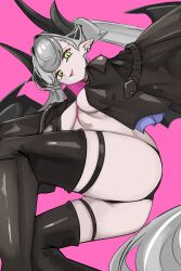 1girl ass black_cloak black_panties black_thighhighs body_markings breasts choker cloak crossed_bangs demon_girl demon_horns demon_wings denyel ear_piercing fate/grand_order fate_(series) green_eyes grey_hair hair_between_eyes highres horns lilith_(fate) lilith_(second_ascension)_(fate) long_hair looking_at_viewer medium_breasts open_mouth panties piercing pointy_ears smile solo thighhighs thighs twintails underwear very_long_hair wings