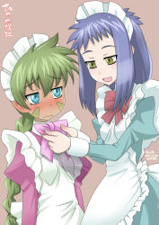 Rule 34 | 1990s (style), 1boy, 1girl, :3, blue hair, blue theme, bow, crossdressing, dress, embarrassed, hinabita, joel, maid, maid headdress, neo ranga, ponytail, shimabara yuuhi