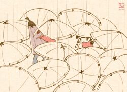 2girls ajirogasa black_eyes black_hair closed_mouth commentary_request fine_art_parody hat karakasa_obake multiple_girls osen_(komura_settai) parody purple_umbrella rain sh1cho smile tatara_kogasa tongue touhou umbrella upper_body yatadera_narumi