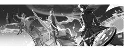 1girl 1other 2boys absurdres atmospheric_perspective black_coat black_hair blurry blurry_background border coat feathered_wings film_cartridge film_reel full_body greyscale grin halo han_sooyoung highres kim_dokja knees_together_feet_apart lantercat leg_up letterboxed looking_at_object monochrome multiple_boys omniscient_reader&#039;s_viewpoint on_chair outstretched_arm planet popped_collar ribbon short_hair sitting sitting_on_object smile space sparkle twirling_string walking white_border white_coat white_wings wings yoo_joonghyuk