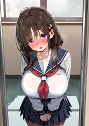 Rule 34 | 1girl, absurdres, blue sailor collar, blue skirt, blush, breasts, brown hair, gen (black factory), highres, huge breasts, large breasts, long hair, long sleeves, looking at viewer, neckerchief, open mouth, original, pleated skirt, purple eyes, sailor collar, school uniform, see-through clothes, serafuku, shirt, skirt, smile, solo, twintails, wet, wet clothes, wet shirt, white sailor collar, white shirt, winter uniform