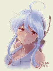 1girl ahoge artist_name bare_shoulders blue_hair blush bow breasts cleavage collarbone cropped_torso grey_shirt hair_bow headphones headset highres large_breasts long_hair looking_at_viewer ponytail red_eyes shirt shukkonsou sidelocks simple_background sleeveless sleeveless_shirt smile solo upper_body vocaloid yowane_haku