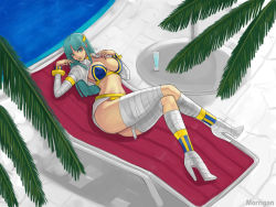 1girl anakaris anakaris_(cosplay) ark_(morita_hitomi) bandages bikini boots breasts capcom chair character_name cleavage cosplay crossed_legs demon_girl drink female_focus green_eyes green_hair hair_ornament hairclip head_wings high_heel_boots high_heels large_breasts lounge_chair matching_hair/eyes morrigan_aensland naughty_face pool shoes sitting solo swimsuit table thighhighs tree darkstalkers water wings