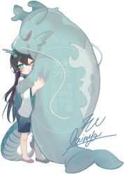 Rule 34 | 1boy, aged down, aqua eyes, aqua horns, black shorts, commentary request, dan heng (honkai: star rail), dragon boy, eastern dragon horns, holding, holding stuffed toy, honkai: star rail, honkai (series), horns, kaimya1118, long hair, male focus, one eye closed, shorts, signature, stuffed toy, watermark