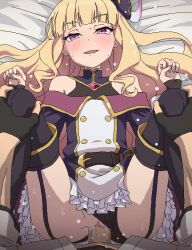 Rule 34 | 1boy, 1girl, black panties, blonde hair, blush, censored, clothed sex, clothing aside, garter straps, katainaka no ossan kensei ni naru, long hair, lucy diamond, panties, panties aside, penis, purple eyes, pussy, sex, solo focus, tomu (tomubobu), underwear, vaginal