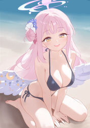 1girl :d absurdres alternate_costume angel_wings bare_shoulders barefoot beach between_legs bikini black_bikini blue_archive blue_flower blunt_bangs blush breasts brown_eyes cleavage commentary crescent curvy day feathered_wings feet flower hair_bun hair_flower hair_ornament halo halterneck hand_between_legs happy highres knees_out_of_frame large_breasts leaning_forward long_hair looking_at_viewer low_wings mika_(blue_archive) open_mouth outdoors pink_hair pink_halo rin_(rin0214tw) sand side-tie_bikini_bottom sidelocks single_side_bun sitting smile solo string_bikini swimsuit teeth thighs toes upper_teeth_only very_long_hair wariza white_wings wings