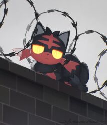 :&lt; barbed_wire black_fur brick_wall closed_mouth colored_sclera commentary creatures_(company) english_commentary game_freak gen_7_pokemon glowing glowing_eyes litten looking_at_viewer nintendo no_humans olyester photo-referenced pokemon pokemon_(creature) red_fur solo yellow_eyes yellow_sclera