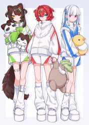 3girls 3znk absurdres alternate_costume alternate_hairstyle ange_katrina animal_ears arm_belt banken_(inui_toko) belt bib blue_eyes blue_hair blue_jacket blue_shorts blunt_bangs border brown_hair brown_tail closed_mouth collar commentary_request dog_ears dog_girl dog_tail drop_shadow frills frown full_body green_jacket green_shorts grey_border grid_background hair_between_eyes hair_intakes hair_ornament heterochromia high_collar highres holding holding_stuffed_toy inui_toko jacket kneehighs lize_helesta long_bangs long_hair long_sleeves looking_at_another looking_at_viewer looking_to_the_side mandragora_(ange_katrina) matching_outfits multicolored_hair multiple_girls nijisanji outside_border platform_shoes purple_eyes red_eyes red_hair red_jacket red_shorts sanbaka_(nijisanji) sebastian_piyodore shoes short_hair shorts side-by-side simple_background socks standing stuffed_animal stuffed_toy tail tail_ornament thigh_strap two-tone_hair two_side_up virtual_youtuber white_background white_belt white_hair white_jacket white_shoes white_shorts white_socks yellow_eyes