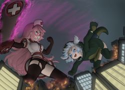 Rule 34 | alloyrabbit, chainsaw, city, cosplay, costume, debris, destruction, dinosaur costume, garter straps, gawr gura, giant, giantess, godzilla, godzilla (cosplay), hat, highres, hololive, hololive english, long hair, mori calliope, multicolored hair, multiple girls, nurse, nurse cap, open mouth, panties, pink hair, smile, teeth, thighhighs, underwear, virtual youtuber
