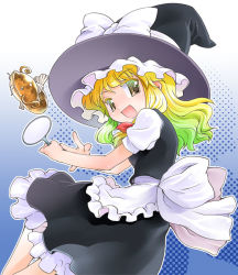 1girl blonde_hair bow brown_eyes catfish female_focus fish hat hat_bow kirisame_marisa long_hair looking_at_viewer mizuki_hitoshi namazu_(touhou) open_mouth short_sleeves smile solo touhou witch_hat