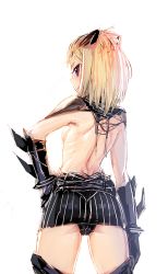 1girl ass back bangs_pinned_back blonde_hair bow_(bhp) breasts cowboy_shot female_focus flip_flappers from_behind hand_on_own_hip looking_at_viewer looking_back microskirt multicolored_hair petite profile purple_eyes simple_background skirt small_breasts smile solo standing streaked_hair topless_female white_background yayaka