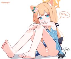 1girl alternate_costume animal animal_ear_fluff animal_ears arm_on_knee armpits artist_name baby_animal barefoot black_bow black_cat black_ribbon blue_archive blue_dress blue_eyes blunt_ends bow cat censored center-flap_bangs cleft_of_venus closed_mouth commentary_request cross cross_necklace crossed_arms double-parted_bangs dress dress_bow english_text feet floral_print floral_print_dress flower full_body hair_flower hair_ornament hair_ribbon halo heart heart_censor jewelry kitten knees_up loli looking_at_viewer mari_(blue_archive) multicolored_flower necklace no_panties orange_hair orange_halo print_dress pussy ribbon short_dress simple_background sitting sleeveless sleeveless_dress smile soles solo speech_bubble split_mouth sseopik thought_bubble toenails toes upskirt variant_set white_background