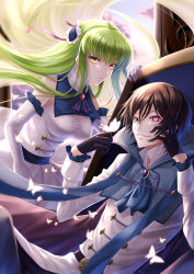 1boy 1girl ascot black_gloves black_hair blue_ascot blue_pants breasts brown_hair bug butterfly c.c. cleavage code_geass crossed_legs dress elbow_gloves floating_hair frilled_gloves frills geass gloves green_hair hair_ornament hair_ribbon highres insect leaning_forward lelouch_vi_britannia long_hair medium_breasts pants parted_lips pink_ribbon purple_eyes ribbon sitting sleeveless sleeveless_dress sumomo7317 very_long_hair white_dress white_gloves yellow_eyes