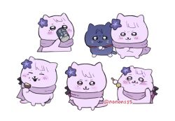 :3 animalization black_cat black_eyes black_mouth blunt_bangs blush bright_pupils cat cheek_press chiikawa closed_eyes closed_mouth crossed_arms cup dango dilated_pupils dirty dirty_face drinking flower food food_on_face genshin_impact hair_flower hair_ornament holding holding_cup holding_food imitating mole mole_under_eye mother_and_son nonons open_mouth purple_cat purple_flower purple_scarf raiden_shogun sanshoku_dango scaramouche_(cat)_(genshin_impact) scaramouche_(genshin_impact) scarf side-by-side smile standing string sword teeth twitter_username upper_teeth_only wagashi weapon white_background white_pupils