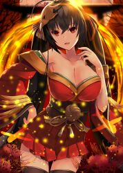 1girl ahoge azur_lane bare_shoulders black_hair black_thighhighs blush breasts collarbone day flower hair_between_eyes hair_ornament highres huge_breasts japanese_clothes kimono large_breasts long_hair long_sleeves looking_at_viewer obi outdoors red_eyes red_kimono regress sash shrine smile solo spider_lily taihou_(azur_lane) thighhighs torii very_long_hair wide_sleeves