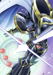 alphamon armor bangle black_armor black_helmet bracelet cape creature creature_focus digicore digimon digimon_(creature) energy_sword fake_horns gem gold_bracelet gold_trim grid helmet highres holding holding_sword holding_weapon horned_helmet horns jewelry knight looking_at_viewer no_humans red_eyes red_gemstone robot shoulder_armor solo sword weapon white_cape x-antibody yamamoto_zetta