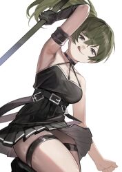 Rule 34 | 1girl, :q, arm up, armlet, armpits, belt, black belt, black choker, black dress, breasts, choker, dress, from below, gloves, green hair, holding, holding weapon, incoming attack, jewelry, kouhiipan, looking at viewer, mage staff, medium breasts, o-ring, o-ring choker, pleated dress, purple eyes, side ponytail, single glove, solo, sousou no frieren, suspenders hanging, thigh strap, tongue, tongue out, ubel (sousou no frieren), weapon, white background