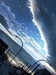 absurdres artist_name banishment building car cloud cloudy_sky commentary_request evening highres lamppost motor_vehicle no_humans original outdoors power_lines road scenery signature sky sky_focus